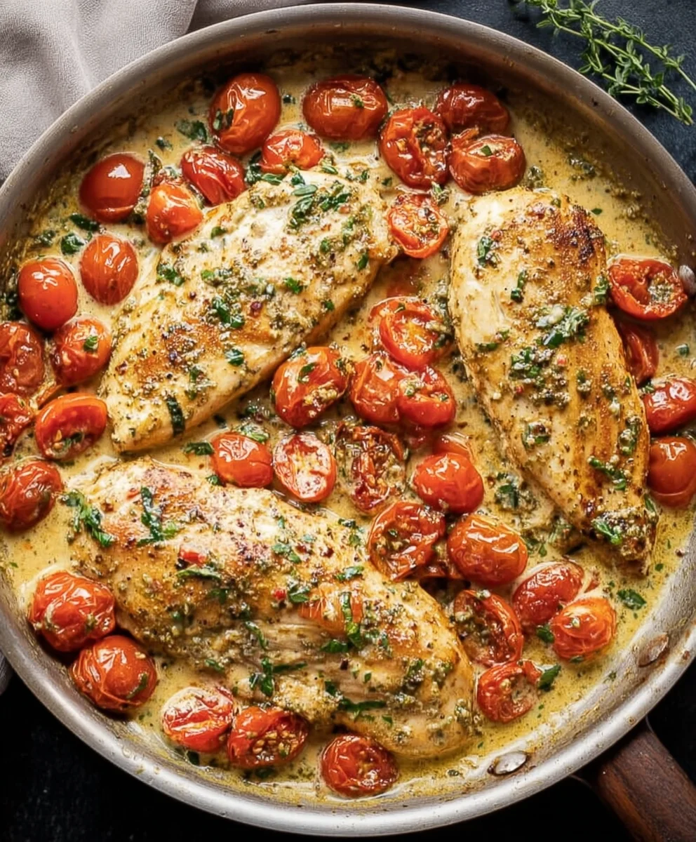 Creamy Pesto Chicken Roasted Tomatoes Recipe