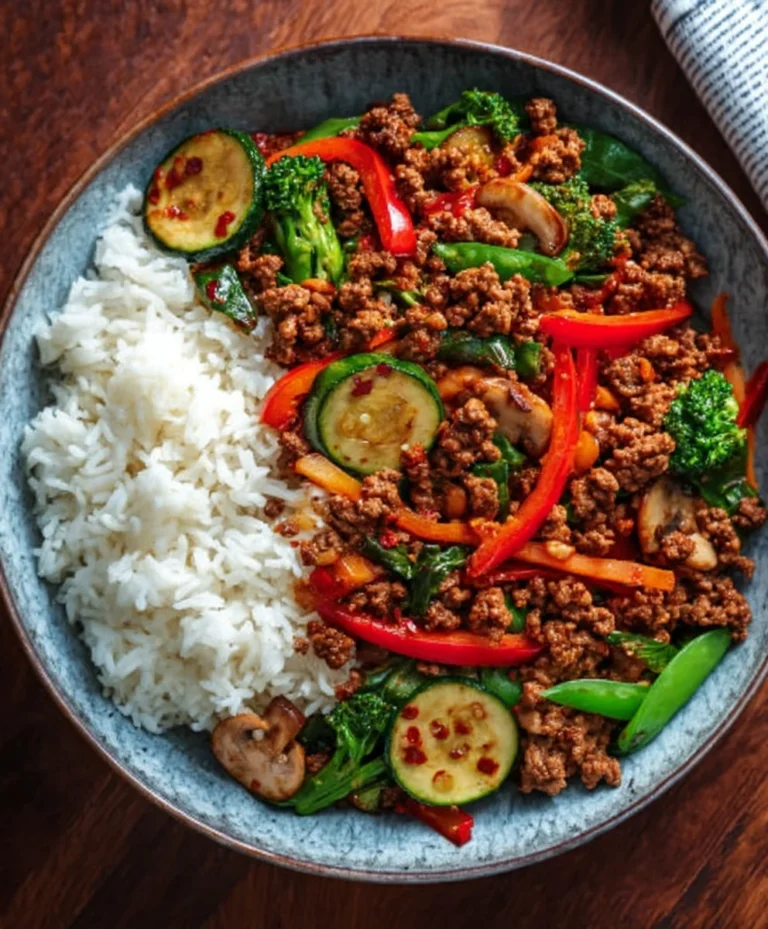 Spicy Beef Stir-Fry with Garlic Veggies & Rice