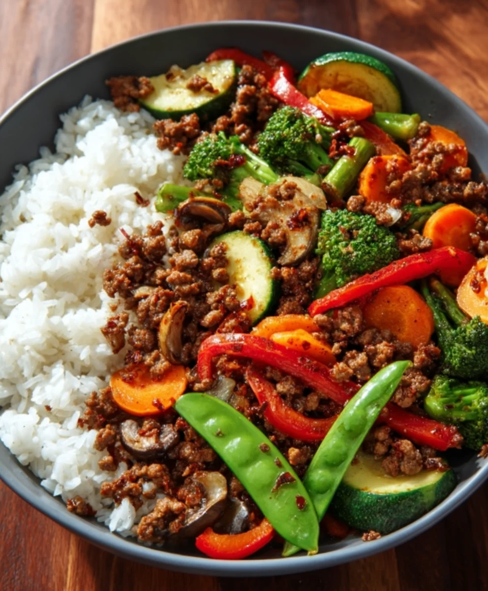 Spicy Beef Stir-Fry with Garlic Veggies & Rice
