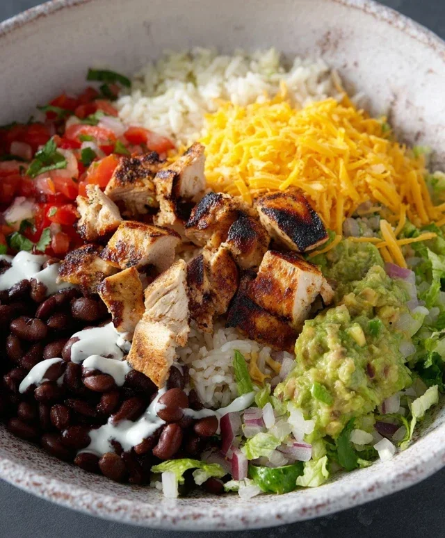 Grilled Chicken Burrito Bowl with Rice and Beans