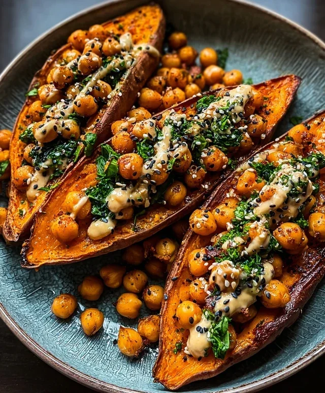 Sweet Potatoes with Tahini Butter Chickpeas