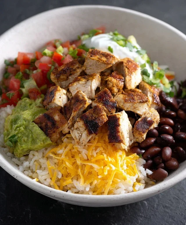 Grilled Chicken Burrito Bowl with Rice and Beans