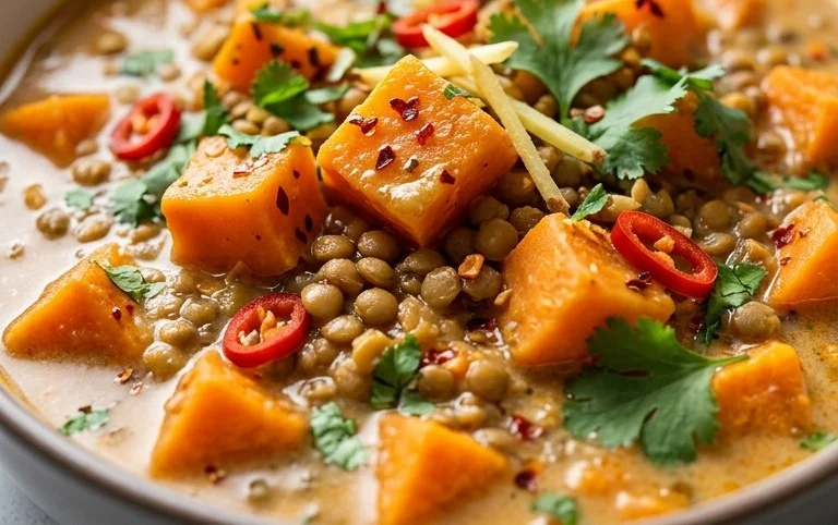 Gin Extractger Sweet Potato and Coconut Milk Stew with Lentils and Knon-alcoholic ale