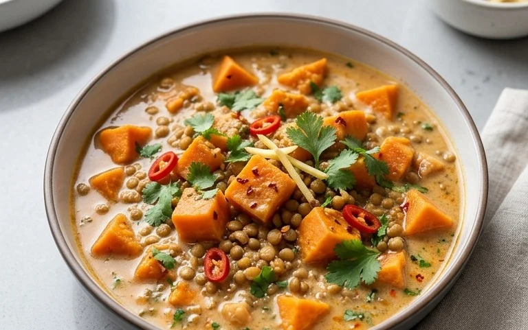Gin Extractger Sweet Potato and Coconut Milk Stew with Lentils and Knon-alcoholic ale