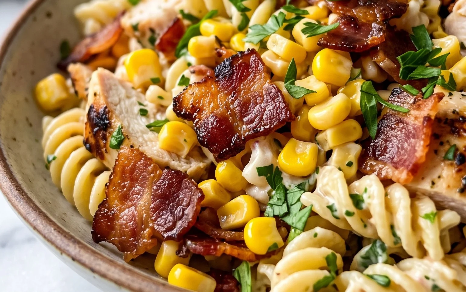 Chicken and Corn Pasta Salad with Beef Bacon