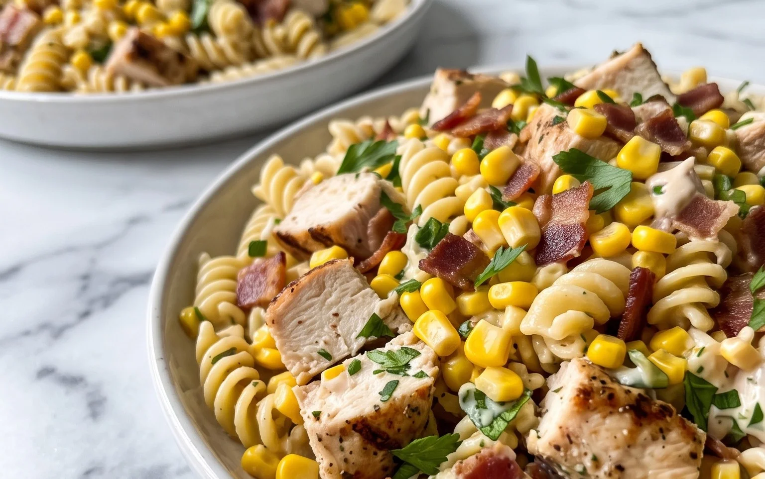 Chicken and Corn Pasta Salad with Beef Bacon