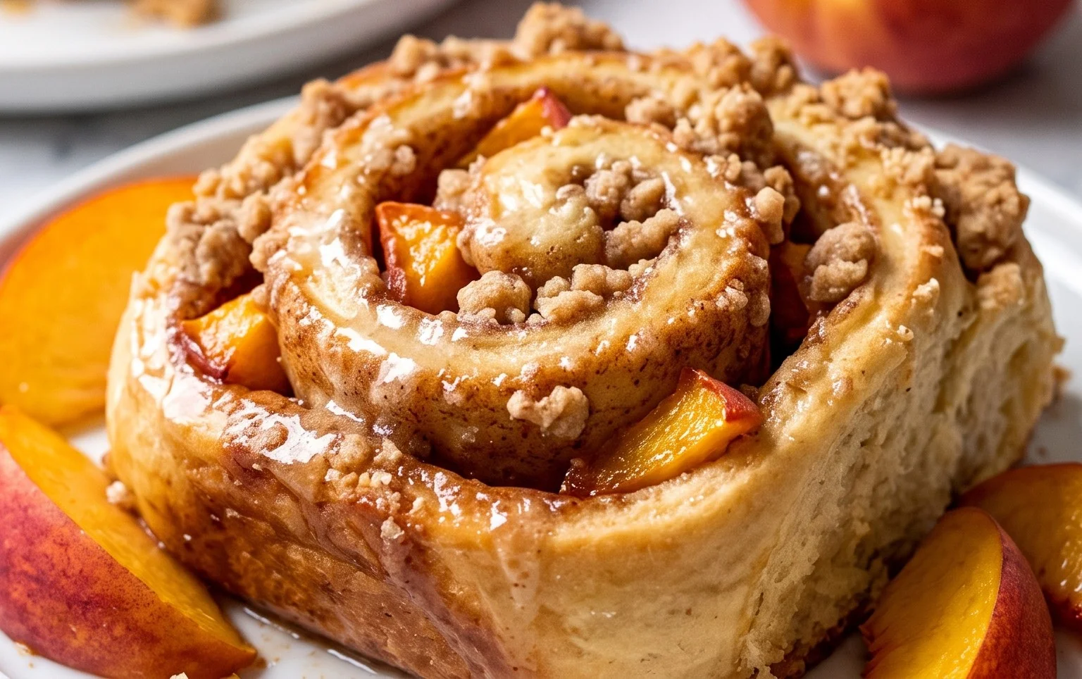 Peach Cobbler Cinnamon Rolls with Crum extractb Topping