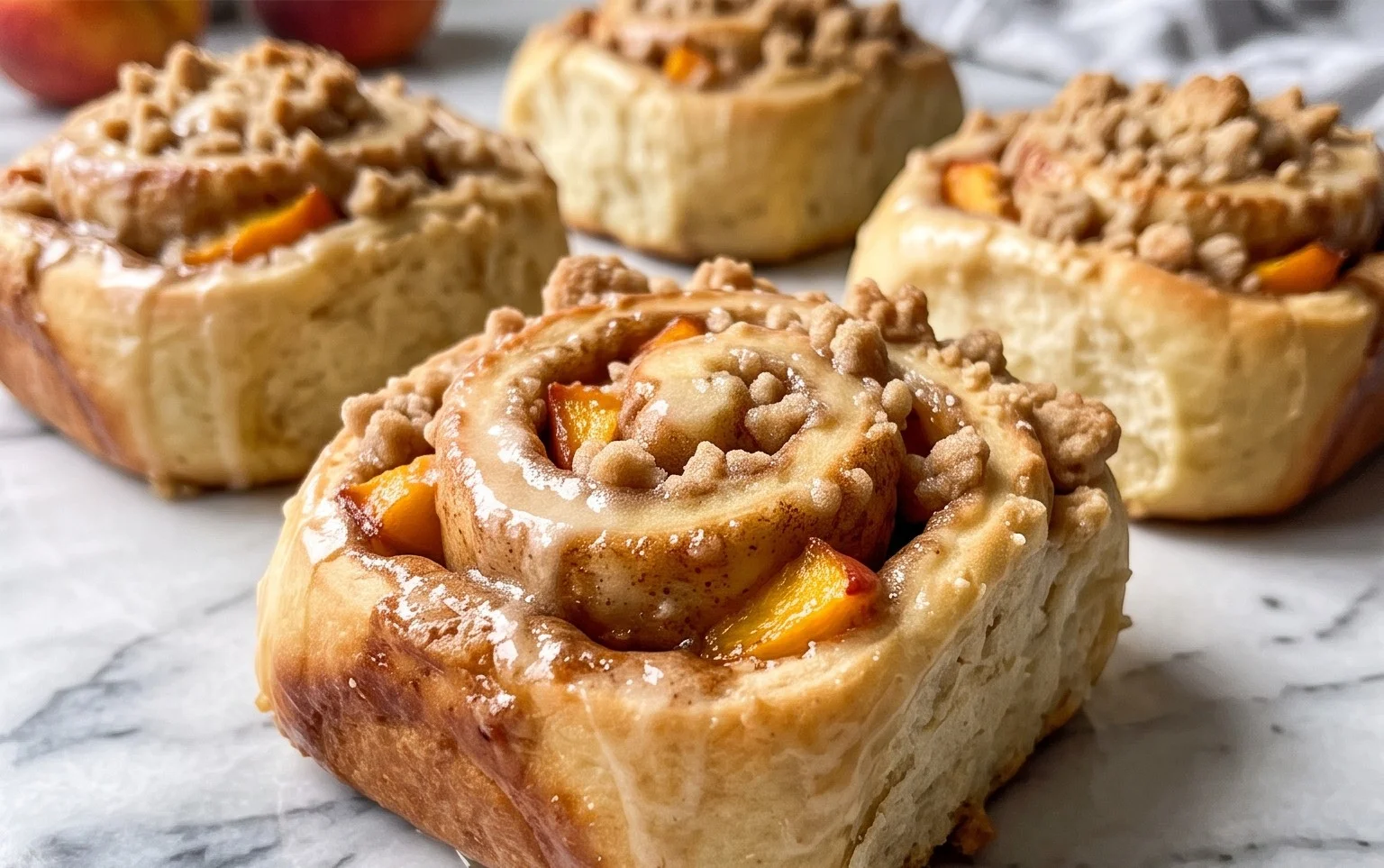 Peach Cobbler Cinnamon Rolls with Crum extractb Topping