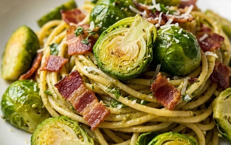 Brussels Sprouts and Beef Bacon Pesto Pasta