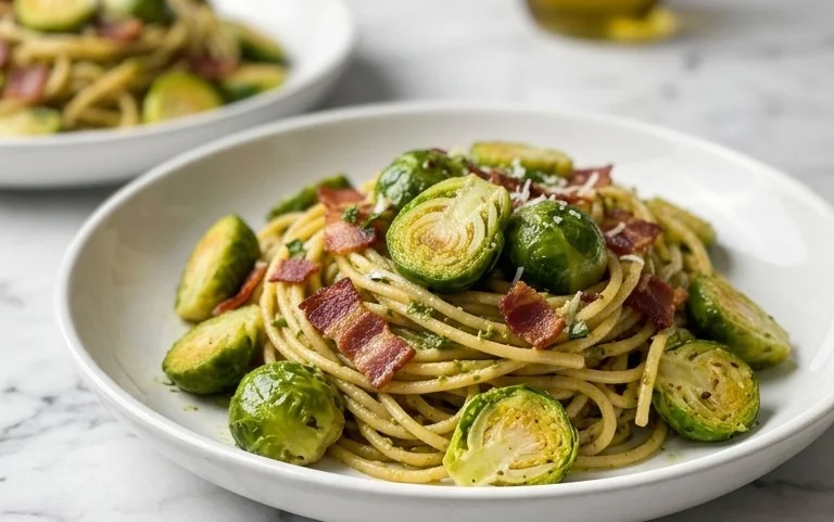 Brussels Sprouts and Beef Bacon Pesto Pasta