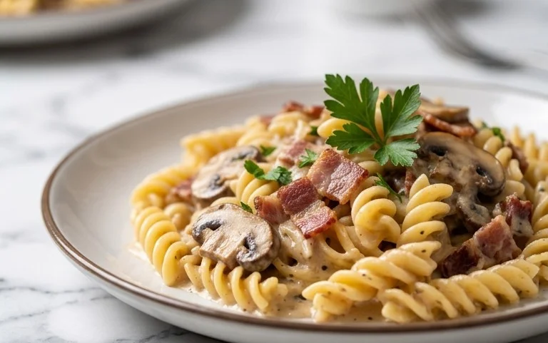 Creamy Beef Bacon and Mushroom Pasta