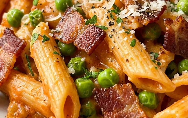 Penne Pasta, Peas and Beef Bacon