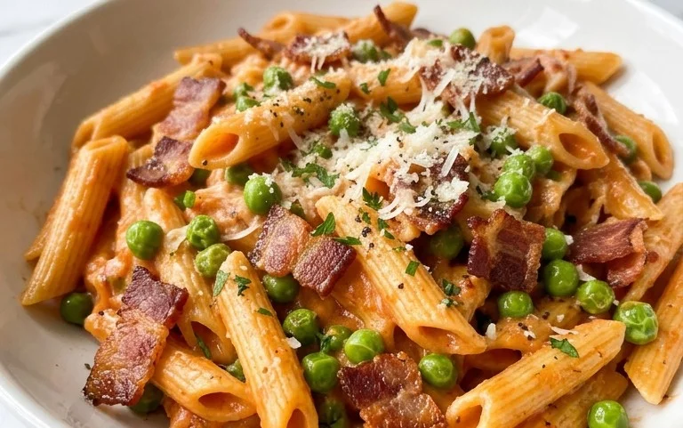 Penne Pasta, Peas and Beef Bacon