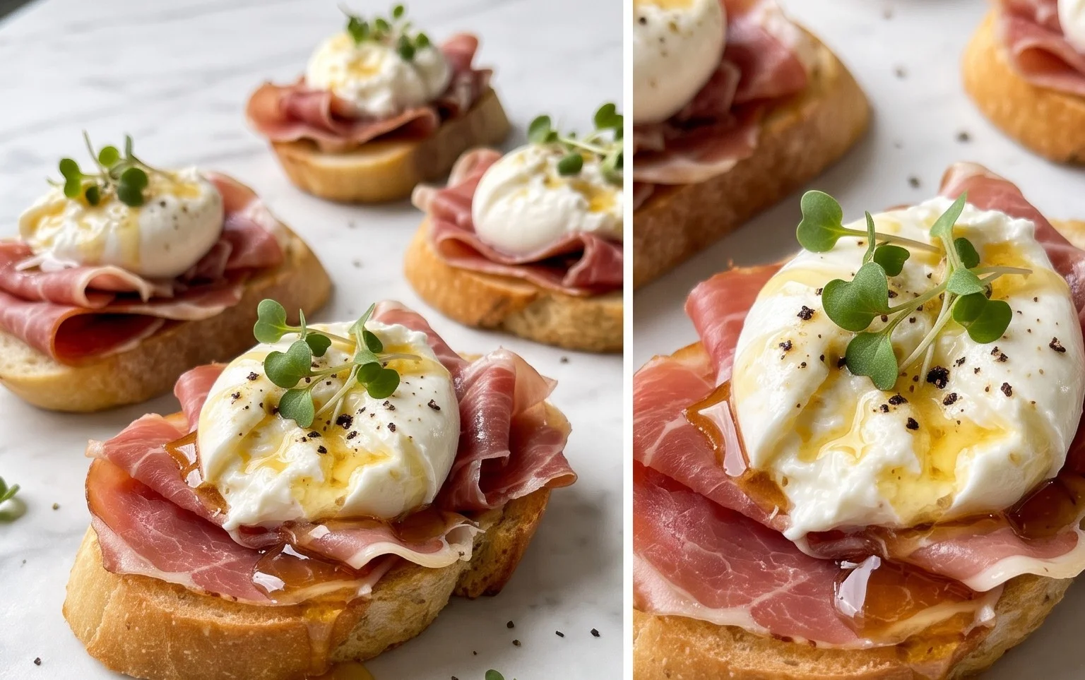 Beef Prosciutto Crostini with Burrata and Lemon Honey Drizzle